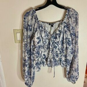 Express Blue and White Smocked Blouse with Tie Front